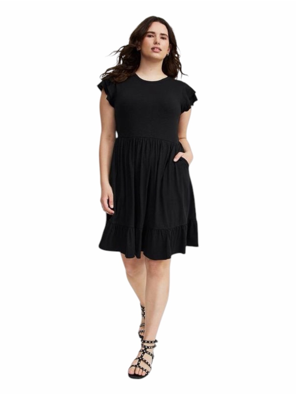 torrid Black Double Ruffle Sleeve Tiered Mini Dress 2x Like New